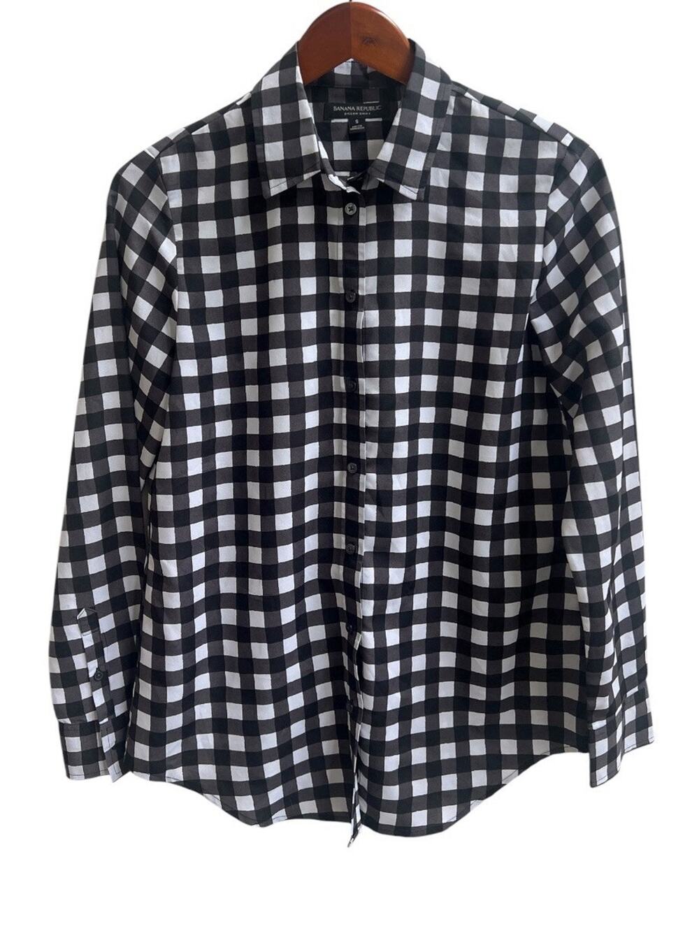Banana Republic Sz S Women Dillon Shirt Button Down Long Slv Check Black White